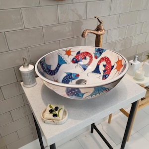 Bathroom Sink & Fish, Ceramic Countertop Basin, Hand painted Pottery Basin, Moroccan Washbasin, Bathroom Remodeling, Boat and Caravan Sink