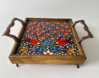 Oriental Decorative Floral Tile Tray & Handle, Ottoman Serving Wooden Tray, Mexican and Turkish Tile, Organizer, Coffe Serving, Inauguration