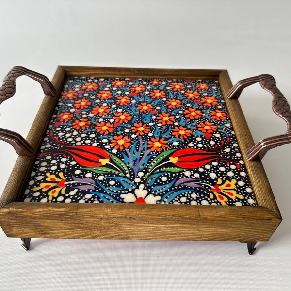 Oriental Decorative Floral Tile Tray & Handle, Ottoman Serving Wooden Tray, Mexican and Turkish Tile, Organizer, Coffe Serving, Inauguration