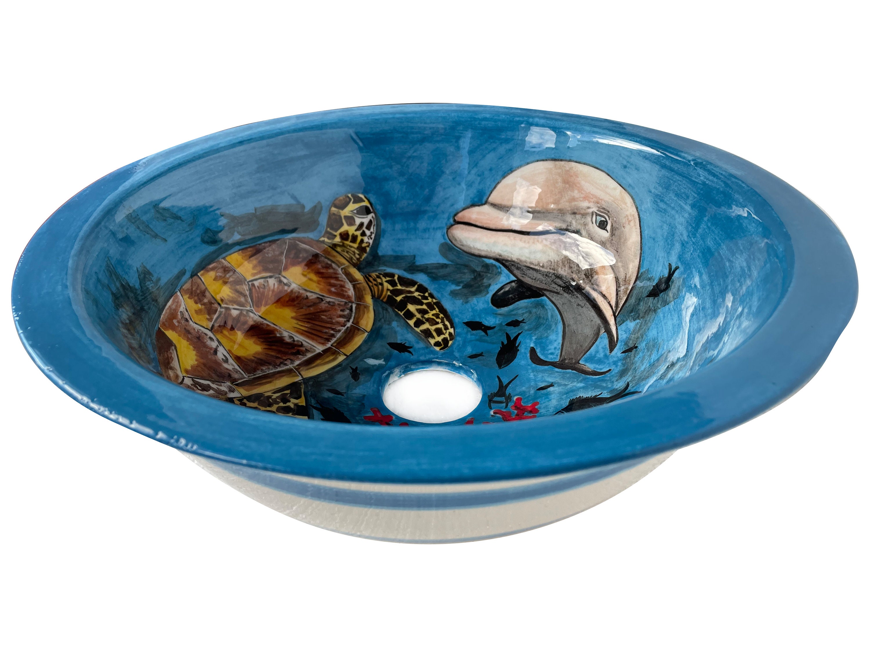Round Bathroom Vessel Sink, Blue Ocean Ceramic Above Counter Sink