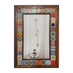 Ethnic Wall Hanging Big Mirror, Rustic Mirror Above Console, Bohem Mirror, Wood Framed Wall Hang Ceramic Tiled Mirror, New Home Decor Gifts