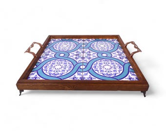 Large Wooden Serving Tray & Ceramic Tile, Decorative Floral Tile, Mexican Turkish Oriental Tile, Organizer, Coffe Serving, Breakfast Platter