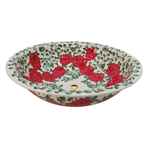 Bathroom Countertop Sink Basin, Ceramic Drop-in Sink, Bohemian Bathroom Decor, Outdoor Garden Sink, Floral Cloakroom Decor, Bathroom Vanity