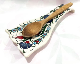 Ceramic Big Spoon Rest, Spoon Holder for Kitchen, HandPainted Tile Gift for New Home Buyer, Ceramic Spoon Holder, Pottery Spoon Rest, Mom