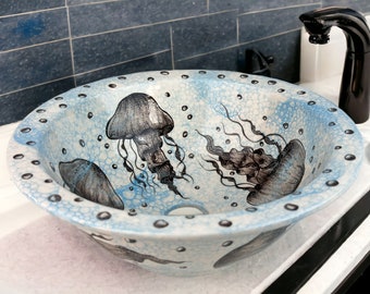 Bathroom Jellyfish Vessel Round Sink Basin, Bath Countertop Wash Basin, Bowl Sink Lavatory, Bathroom Remodeling, Glossy Bubble Washing bowl
