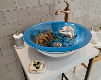 Round Bathroom Vessel Sink, Blue Ocean Ceramic Above Counter Sink Art Basin, Bathroom Vessel Vanity Sink, Master Parents Bathroom Remodeling