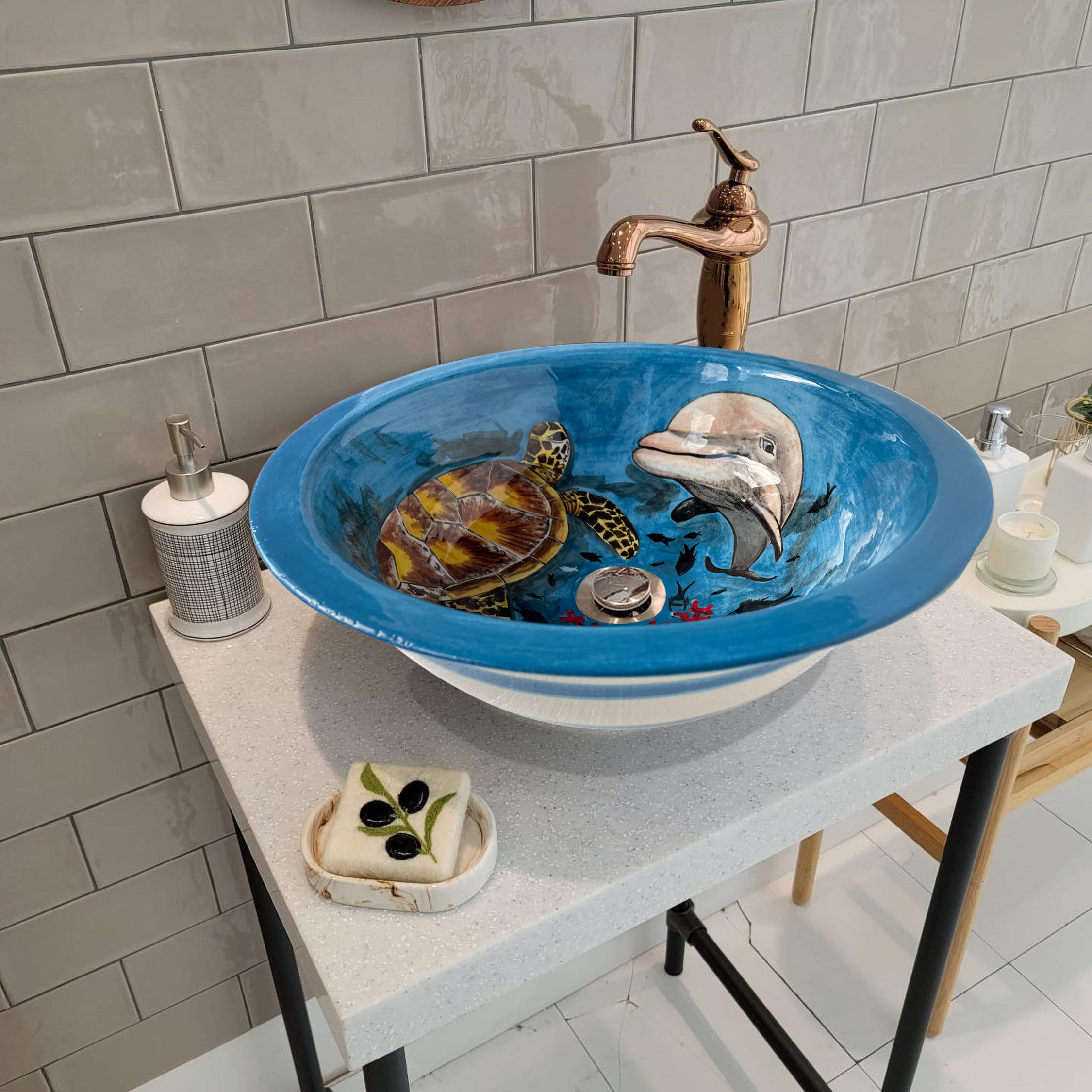Round Bathroom Vessel Sink, Blue Ocean Ceramic Above Counter Sink
