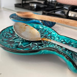 Blue & Turquoise Turkish Ceramic Spoon Rest, Authentic Ladle Scoop Fork Rest, Stove Tea Bag Holder, Kitchen Utensil Holder, Gift for Home Turquoise
