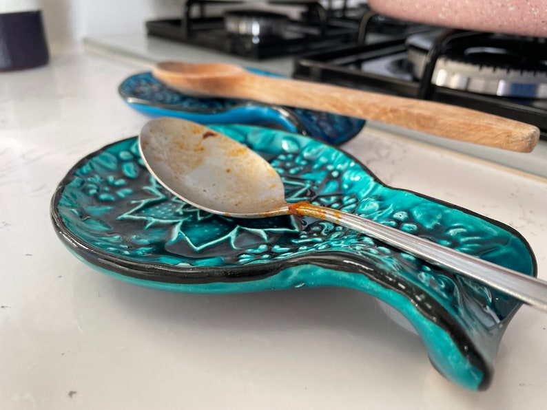 Blue & Turquoise Turkish Ceramic Spoon Rest, Authentic Ladle Scoop Fork Rest, Stove Tea Bag Holder, Kitchen Utensil Holder, Gift for Home Turquoise