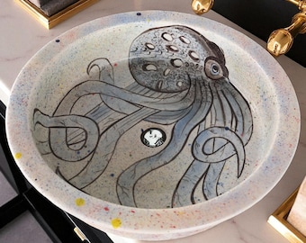 Bathroom Ceramic Sink with Octopus Pattern, Cylinder Vessel Wash Basin, Summer House Basin Bowl, Bath Design, Toilet Sink, Large Vanity Sink