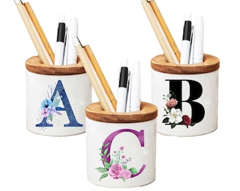 Personalized Pencil Cup, Script Monogram Pen and Pencil Holder + snap-on wood lid, Custom Letter Mug, Initial A to Z,Monogram Coffee Mug,Mom