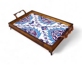 Large Wooden Serving Tray with Handles & Ceramic Tile, Decorative Floral Tile, Mexican Turkish Oriental Tile, Storage, Breakfast Serving