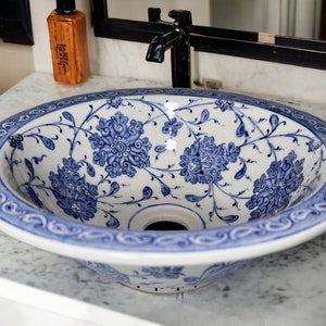 Bathroom Ceramic Blue Basin, Kitchen Vessel Sink, Countertop Floral Basin, Bowl Sink, Bathroom Remodeling, Vanity, Glossy Washstand, Powder