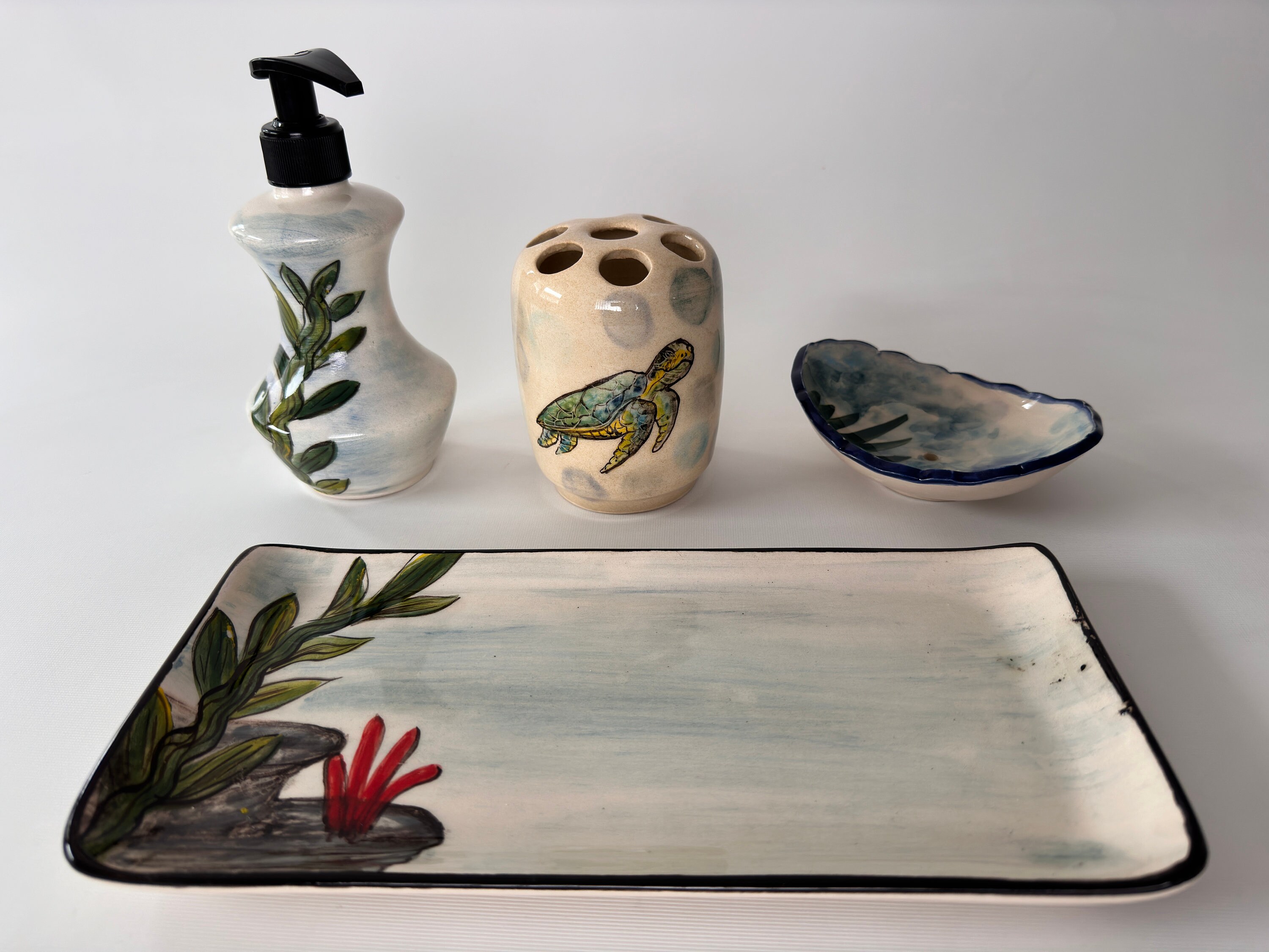 Bathroom Accessories Set & Sea Turtle, Liquid Soap Dispenser, Toothbrush Holder, Soap Dish, Lotion Dispenser, Beach House Bath Decor, Ocean