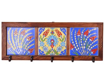 Llavero de pared con azulejos y gancho para 5 llaves, llavero decorativo de pared, perchero de madera para llaves, decoración rústica para la entrada y el pasillo.