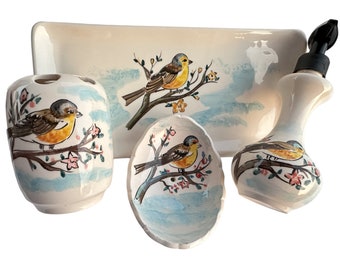 Bathroom Accessories Set with Bird, Liquid Soap Dispenser, Toothbrush Holder, Soap Dish, Lotion Dispenser, Bathroom Rustic Decor, Farmhouse
