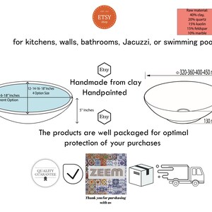 May include: A white ceramic sink with a rounded oval shape. The sink is handmade from clay and handpainted. The sink is available in four sizes: 12, 14, 16, and 18 inches. The sink is 5 inches deep and has a diameter of 13 cm. The sink is made from a blend of clay, quartz, kaolin, feldspar, and marble. The sink is ideal for kitchens, bathrooms, Jacuzzis, or swimming pools.