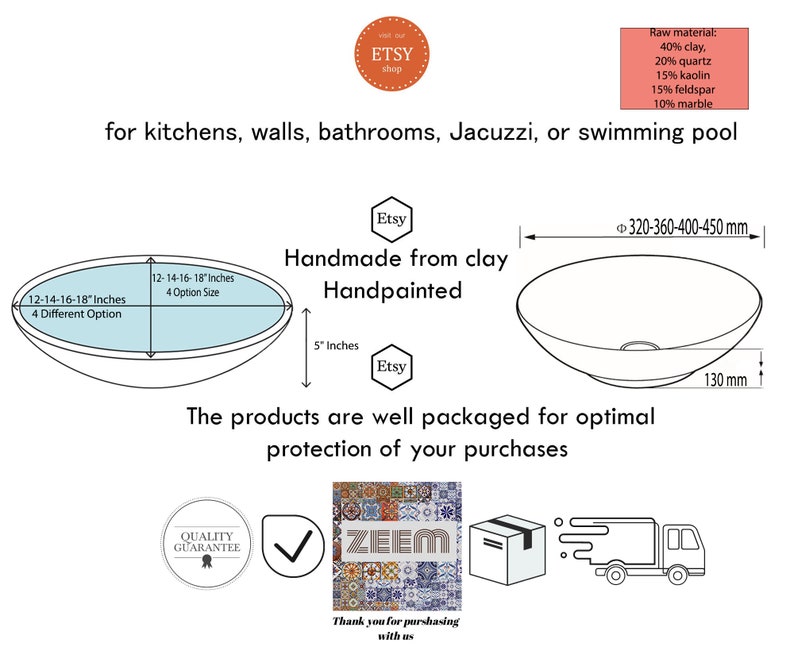 May include: A white ceramic sink with a rounded oval shape. The sink is handmade from clay and handpainted. The sink is available in four sizes: 12, 14, 16, and 18 inches. The sink is 5 inches deep and has a diameter of 13 cm. The sink is made from a blend of clay, quartz, kaolin, feldspar, and marble. The sink is ideal for kitchens, bathrooms, Jacuzzis, or swimming pools.