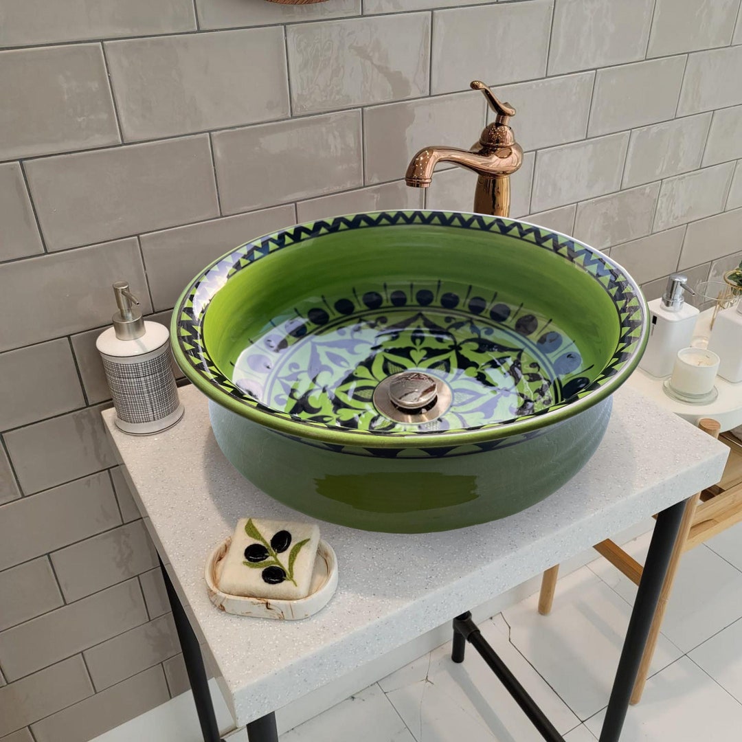 Bathroom Green Vectorel Vessel Sink Ceramic Countertop Art Etsy