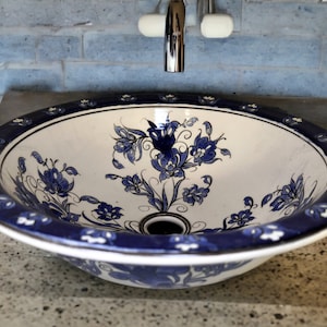 Bleu Blanc Art Sink, Blue and White Floral Bathroom Sink, Ceramic Countertop Basin for Cloakroom, Half Bathroom Wash Basin, Bathroom Remodel