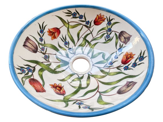 Bathroom Vanity Vessel Countertop Sink & Flower Pattern, Ceramic Round Washbasin, Kitchen Sink, Powder Room Basin, Interior Bathroom Design
