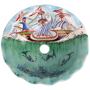 Round Bathroom Vessel Sink, Galleon Ceramic Counter Top Sink Art Basin, Bathroom Vanity Sink, Master Bathroom Remodeling, Miniature Ottoman