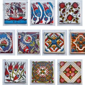 May include: Set of 10 colourful ceramic tiles with intricate floral and geometric designs. The tiles feature a variety of colours, including red, blue, green, yellow, and white. The designs are inspired by traditional Turkish art.