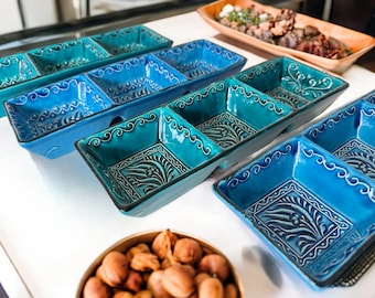Bandeja decorativa con compartimentos, cuenco de cerámica turca para ofrendas, bandeja para aperitivos, plato para servir tapas y aperitivos, cuenco para llaves, nueces y pizcas.
