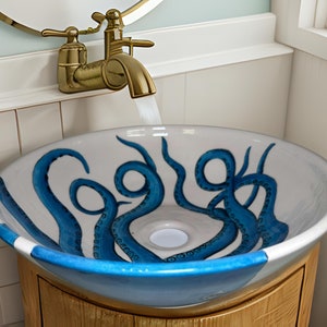 Bathroom Octopus Painting Vessel Sink, Ceramic Countertop Basin, Blue Bowl Sink, Cloakroom sink, Bathroom Remodel, Marble Washbasin, Yachts