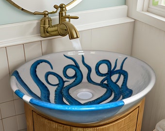 Bathroom Octopus Painting Vessel Sink, Ceramic Countertop Basin, Blue Bowl Sink, Cloakroom sink, Bathroom Remodel, Marble Washbasin, Yachts