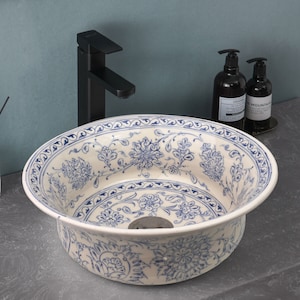 Bathroom Ceramic Blue Basin, Kitchen Vessel Sink, Countertop Floral Basin, Bathroom Remodeling, Line Drawing Bowl, Guest Bath Vanity Sink