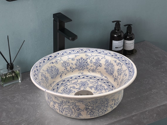 Bathroom Ceramic Blue Basin, Kitchen Vessel Sink, Countertop Floral Basin, Bathroom Remodeling, Line Drawing Bowl, Guest Bath Vanity Sink