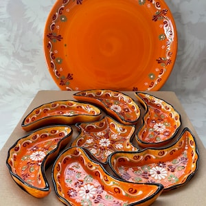 Orange Ceramic Snack Serving Set, Handmade Turkish Platter, Pottery Bowl and Plate, Large ceramic dinner set, Nuts bowl set, Breakfast Set