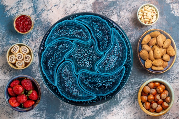 Blue Embossed Ceramic Nuts Serving Set With Big Plate, Handmade