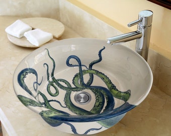 Bathroom Octopus Vessel Round Sink Basin, Bathroom Above Countertop Basin, Bowl Sink Lavatory, Bathroom Remodeling Vanity Glossy Wash Stand