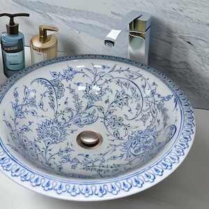 Bathroom Ceramic Blue Basin, Kitchen Vessel Sink, Countertop Floral Basin, Bowl Sink, Bathroom Remodeling, Vanity, Glossy Washstand, Powder