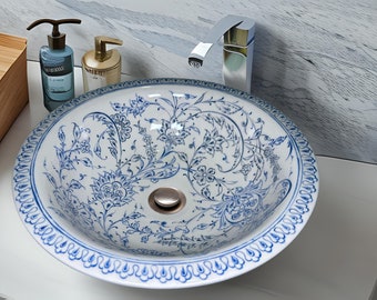 Bathroom Ceramic Blue Basin, Kitchen Vessel Sink, Countertop Floral Basin, Bowl Sink, Bathroom Remodeling, Vanity, Glossy Washstand, Powder