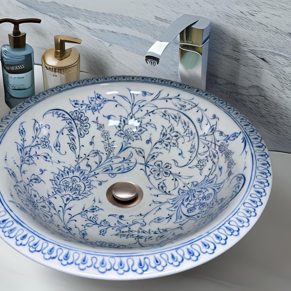 Bathroom Ceramic Blue Basin, Kitchen Vessel Sink, Countertop Floral Basin, Bowl Sink, Bathroom Remodeling, Vanity, Glossy Washstand, Powder