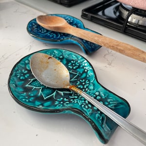 Blue & Turquoise Turkish Ceramic Spoon Rest, Authentic Ladle Scoop Fork Rest, Stove Tea Bag Holder, Kitchen Utensil Holder, Gift for Home image 7
