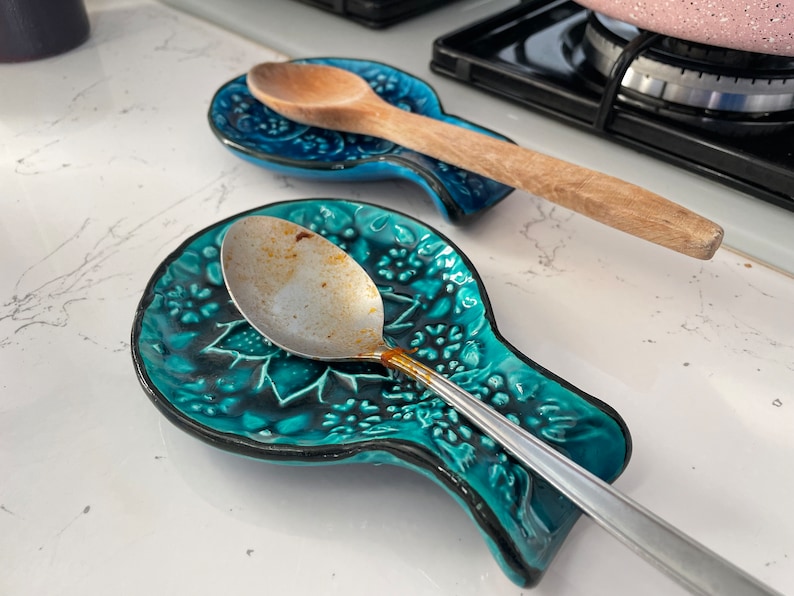 Blue & Turquoise Turkish Ceramic Spoon Rest, Authentic Ladle Scoop Fork Rest, Stove Tea Bag Holder, Kitchen Utensil Holder, Gift for Home image 7