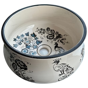 12&quot; Bathroom Vessel Sink - Peacock, Ceramic Countertop Basin, Sink Bowl, Bath Vanity Sink, Bathroom Remodeling, Kitchen Basin, Blue Flowers