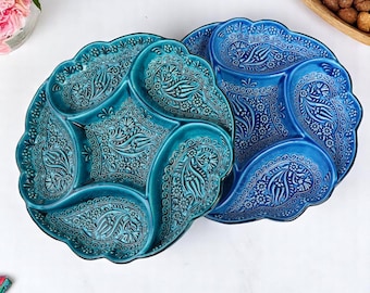 Multi Section Divided Serving Dish Platter, Turkish Ceramic Offering Bowl, Snack Tray, Appetizer Tapas Bowl, Decorative Keys Dish, Nuts Bowl