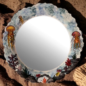 Decorative Beach House Mirrors, Jellyfish Landscape Ceramic Mirror, Hanging Aesthetic Mirror, Painted Vanity Bathroom Mirror, Yard Decor