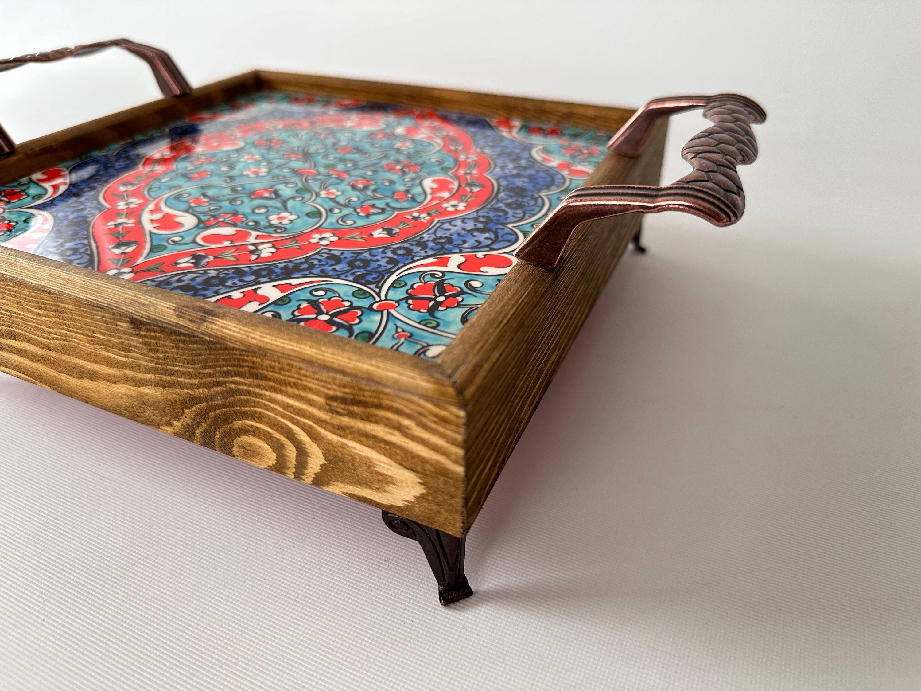 オリエンタル装飾タイルトレイ＆ハンドル、オスマン帝国風木製