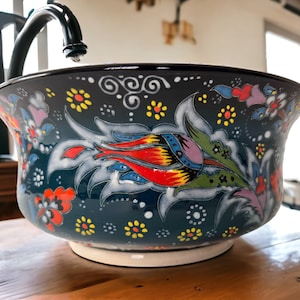 Bathroom Round Relief Vessel Floral Sink, Embossed Sink, Countertop Kitchen Flower Washbasin, Half Bath Remodel, Ceramic Glossy Washbowl