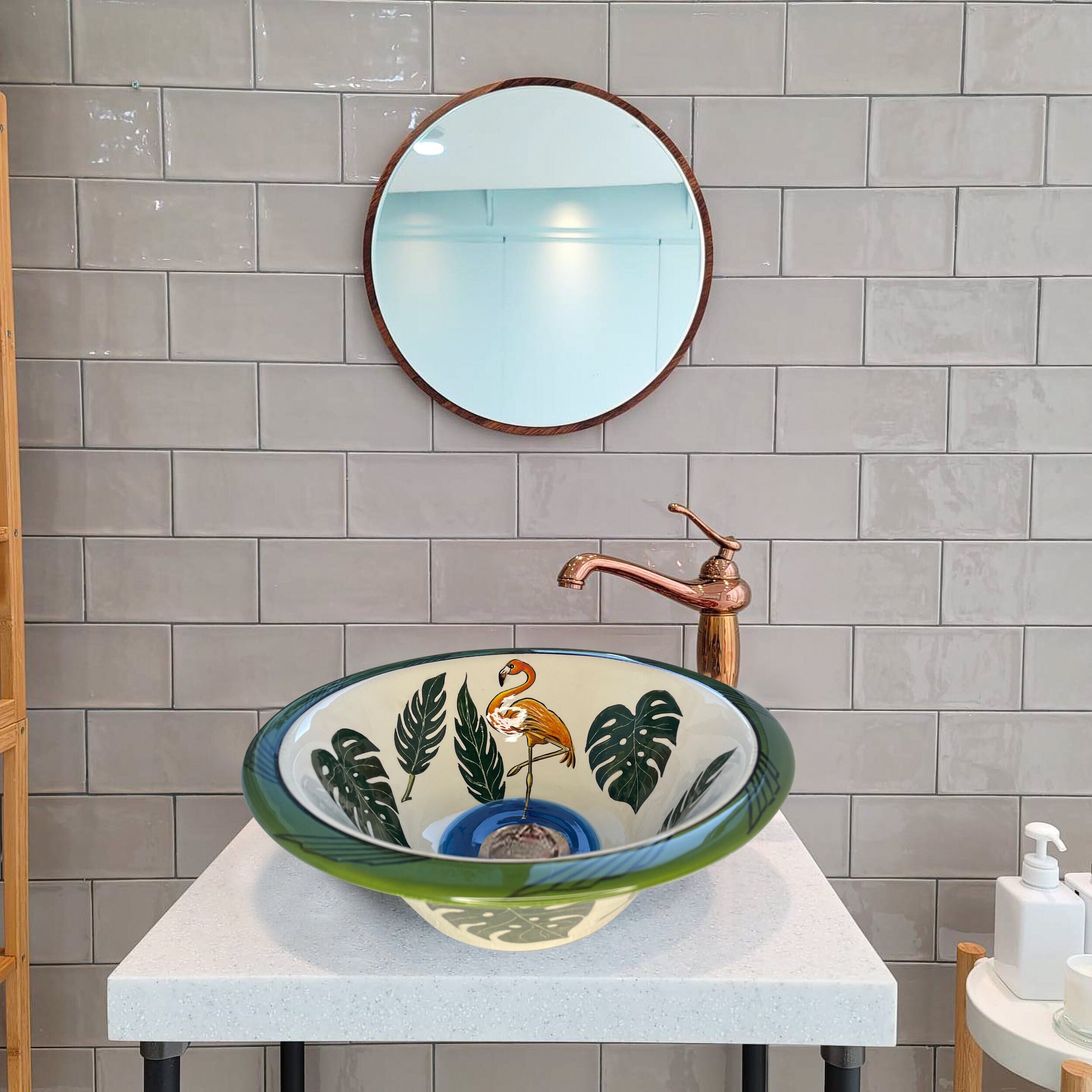 ゴールデンリップルセラミックバスルーム容器シンクバスルームバー化粧台容器シンク手描きのカウンタートップシンク、蛇口と排水アセンブリ付あー様  バスルームシンク、カウンター上セラミックベッセルシンク（蛇口付き