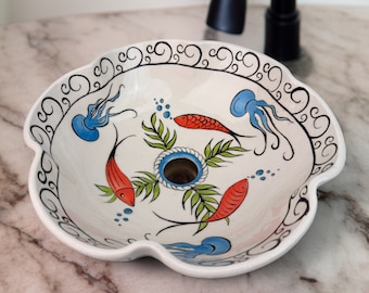 Bathroom Fish & Jellyfish Vessel Sink Basin, Flower Shaped Countertop Basin, Round Sink Bowl Lavatory, Kitchen Remodeling, Glossy Wash Basin