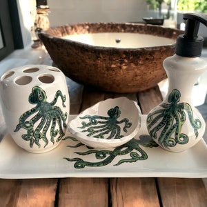 Bathroom Accessories Set with Octopus, Liquid Soap Dispenser, Toothbrush Holder, Soap Dish, Lotion Dispenser, Beach House Bath Decor, Ocean
