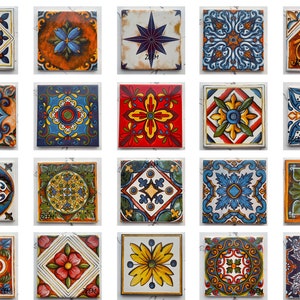Set of Mexican Ceramic Tile, Ethnic Coaster Aesthetic Tile, Bridal Shower Gift, Marble Coaster Gift, Moroccan Backsplash, Engagement favors