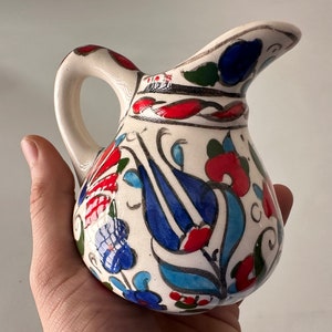 Decorative Floral Pitcher, Flower Paint Miniature Vase, Shelf Decor, Fireplace Decor, Blue Ceramic Small Jug, Ethnic Office & Table Decor